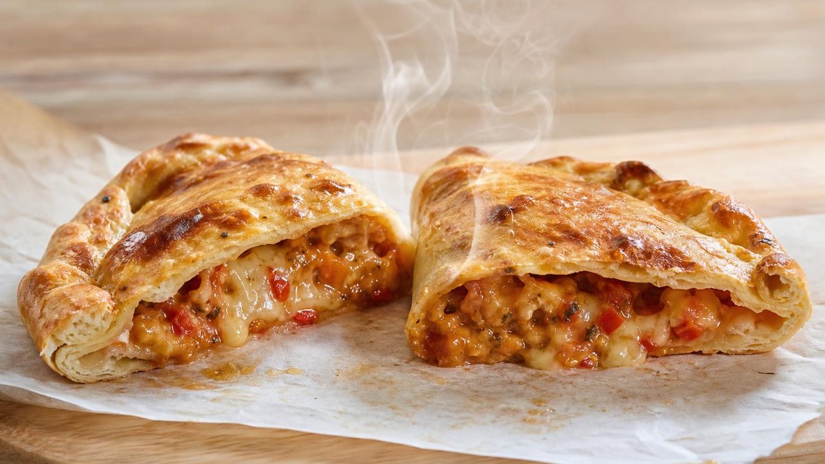 A golden baked pastry pocket cut in half showing a hot savoury filling