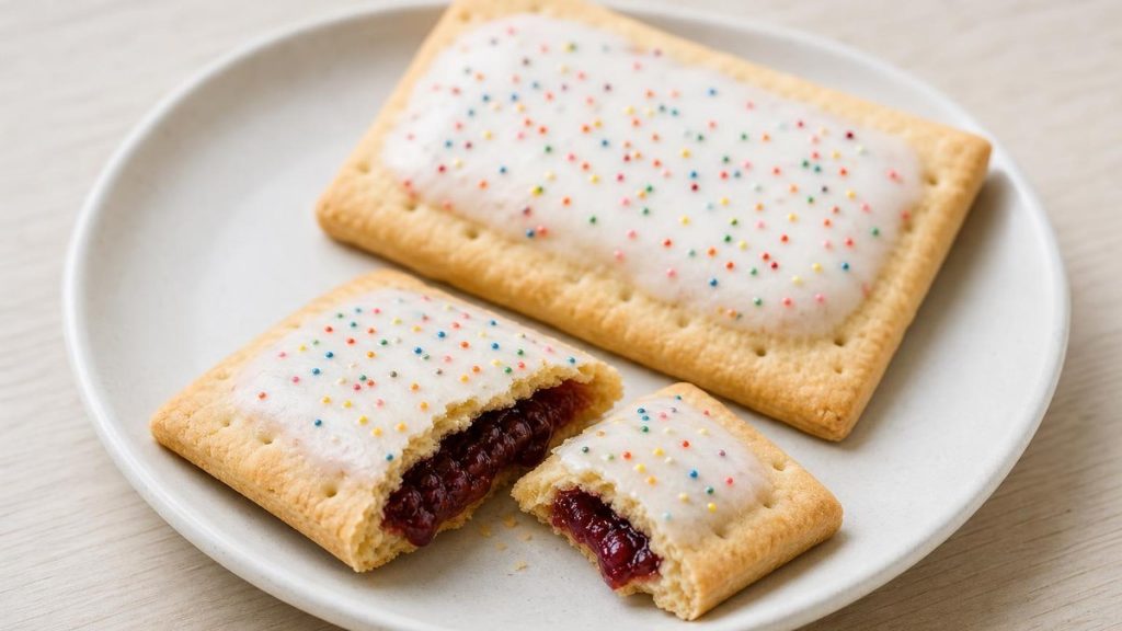 Frosted toaster pastries with sprinkles, one broken open showing fruit filling