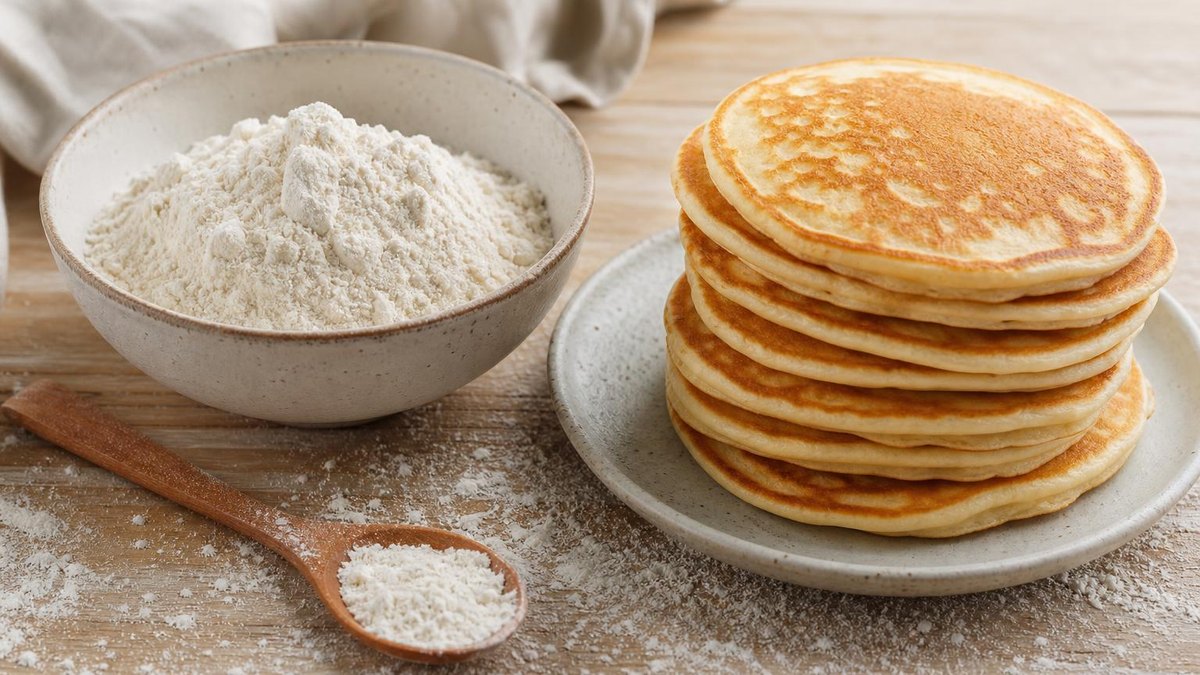 A stack of fluffy pancakes beside a bowl of dry pale baking mix
